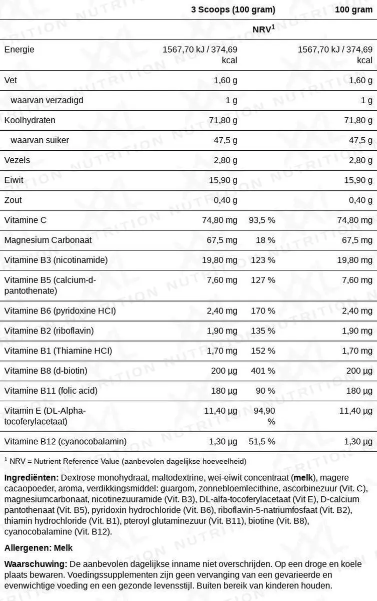 XXL Nutrition Weight Gainer Chocolade Hazelnoot 2500g