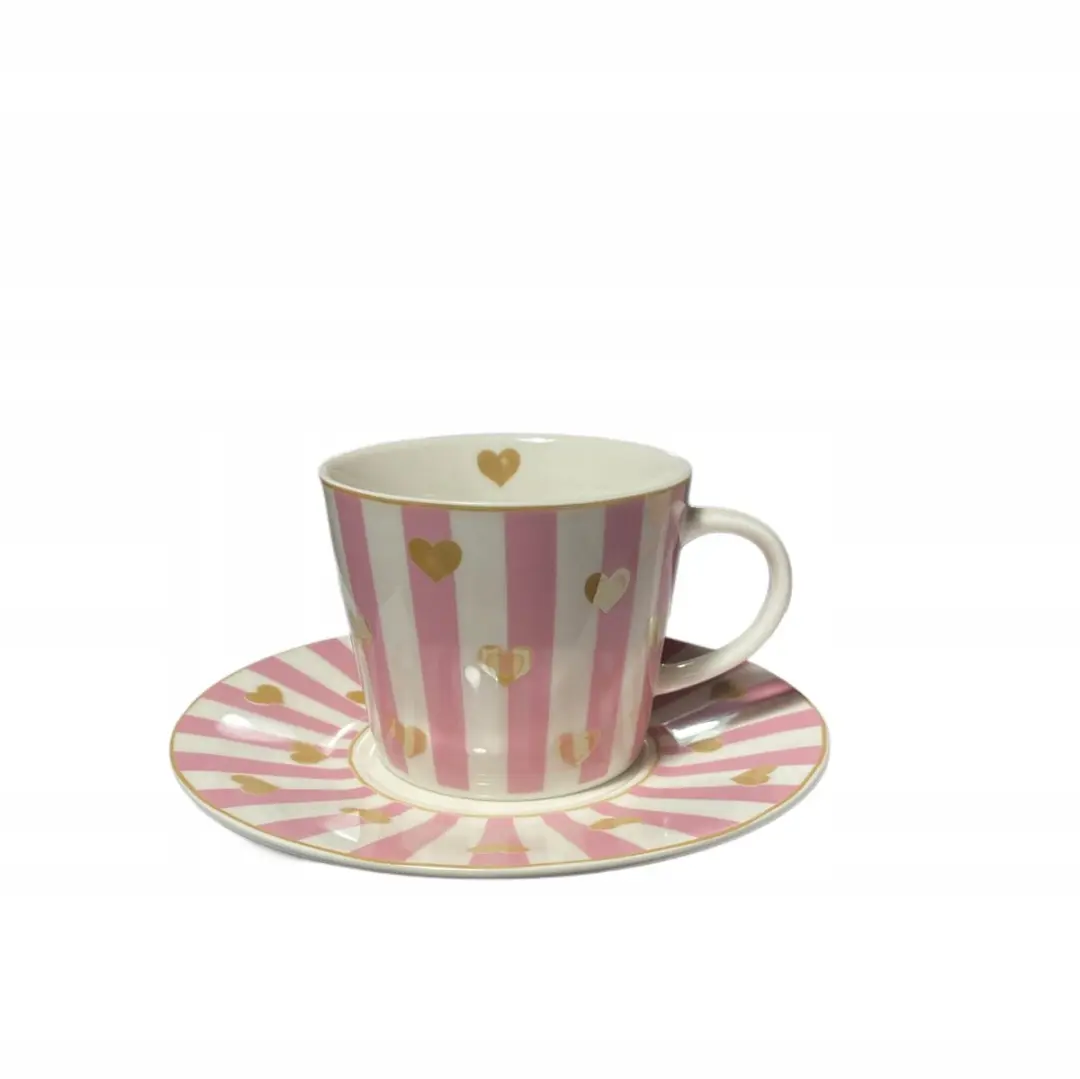 Duo Porseleinen Kopje met Schotel Roze Hartjes - 250ml - 2 Stuks