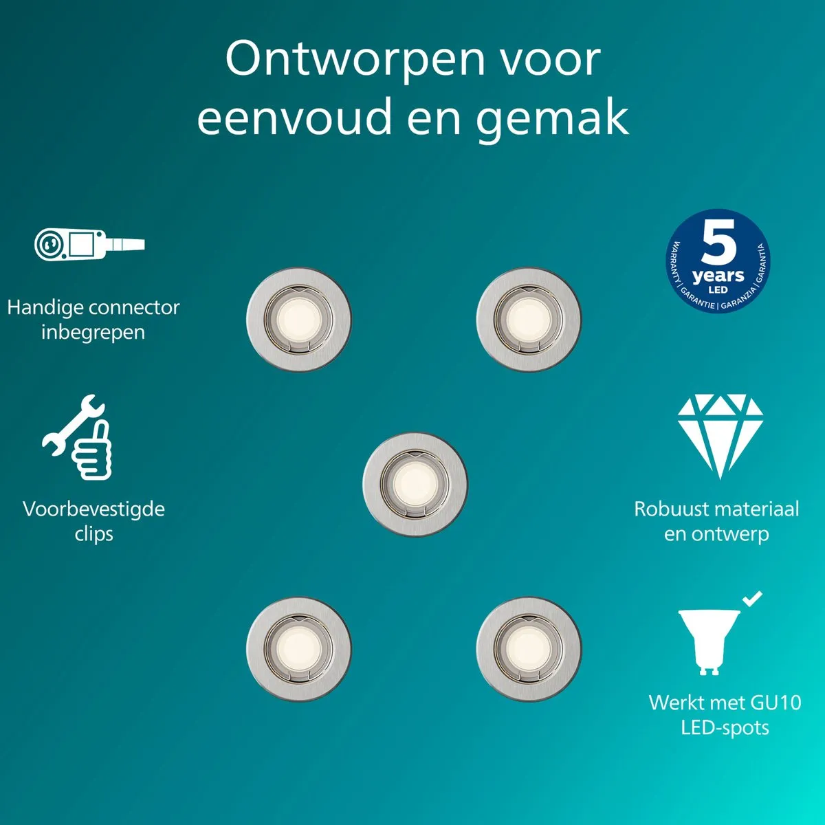 Philips Peridot Inbouwspot GU10 - 5 Stuks - Nikkel
