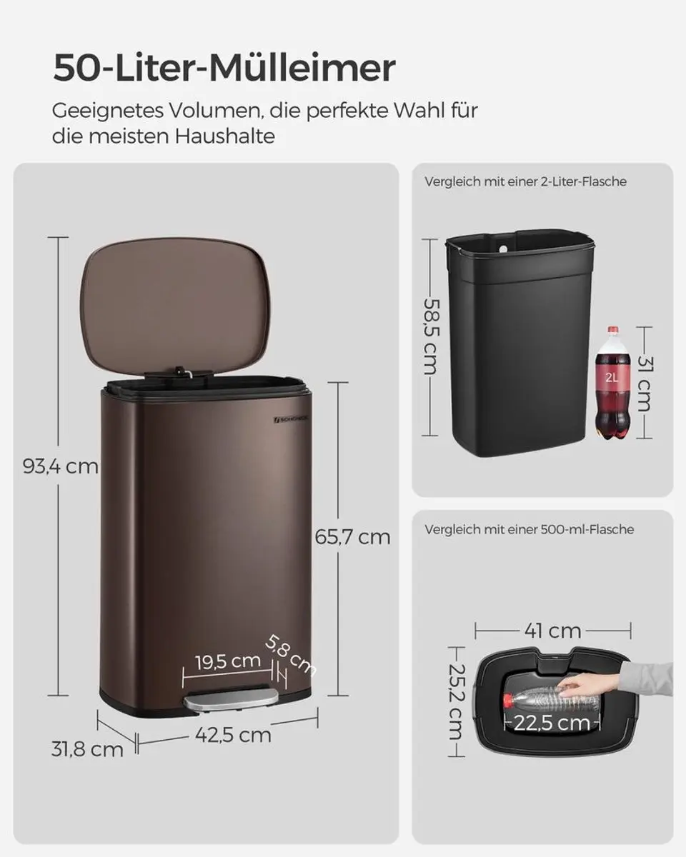 Songmics Pedaalemmer Keukenprullenbak 50L - Vintage bruin - afbeelding 6 van 6