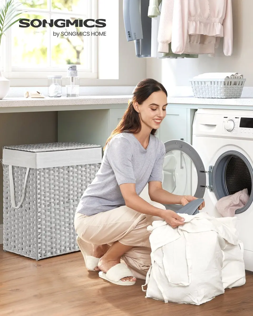 Songmics Witte Wasmand 90L - 2 Compartimenten - afbeelding 2 van 6
