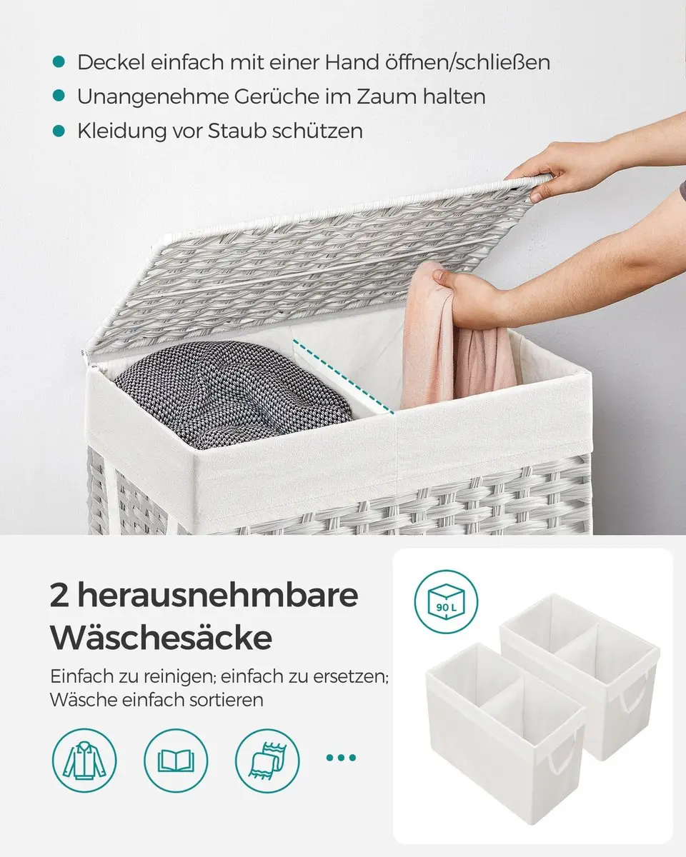 Songmics Witte Wasmand 90L - 2 Compartimenten - afbeelding 3 van 6