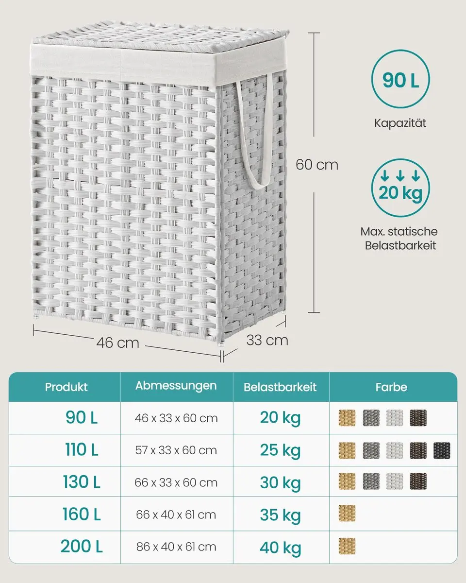 Songmics Witte Wasmand 90L - 2 Compartimenten - afbeelding 6 van 6