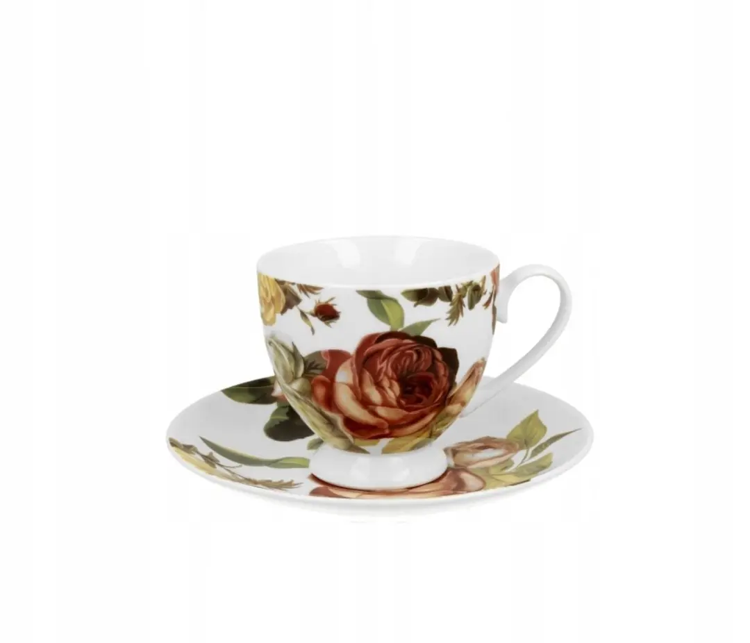 Duo Porseleinen Kop en Schotel Kasandra 220ml - Bloemendesign - 2 Stuks