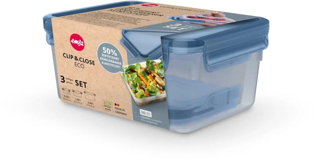 Emsa Clip & Close Eco Voedselcontainers 3-delig - 0,55/1,0/2,2L - Blauw