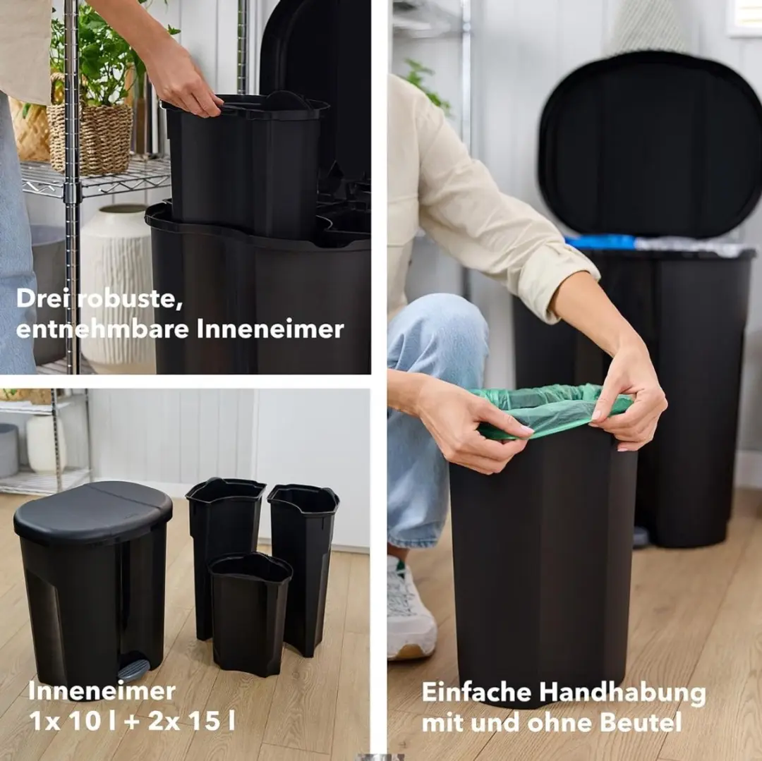 Rotho Trio Afvalscheider 10L/15L/15L - 2 Vakken - Zwart