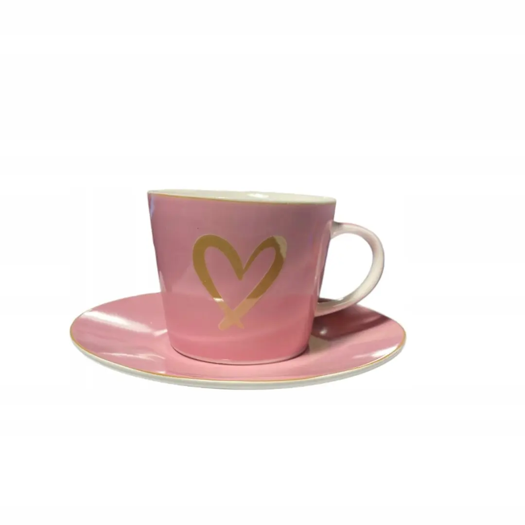 Duo Roze Kop en Schotel met Gouden Hartje - New Bone China - 2 Stuks