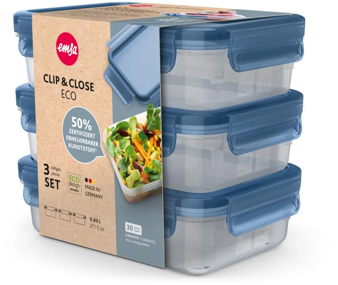Emsa Clip & Close Eco Voedselcontainerset 3-delig 0,8L - Blauw - afbeelding 2 van 6