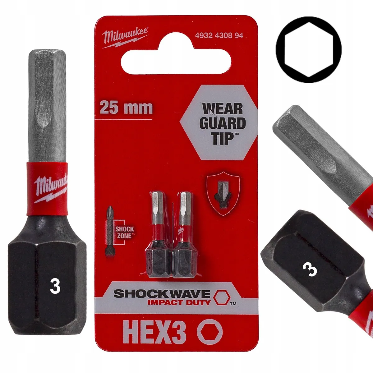 Milwaukee Impact Bits HEX3 25mm Shockwave