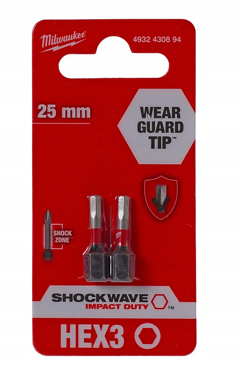 Milwaukee Impact Bits HEX3 25mm Shockwave - 2 Stuks - afbeelding 2 van 5