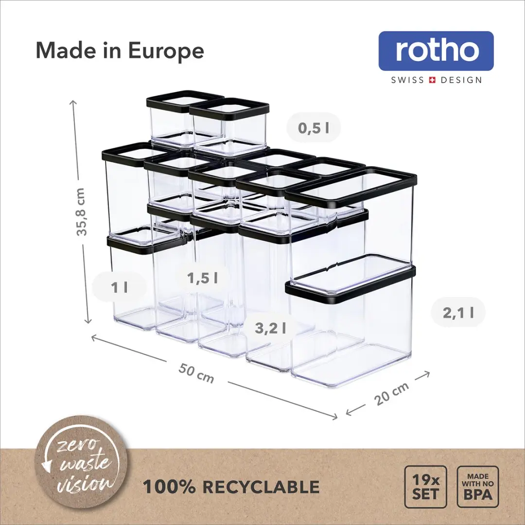 Rotho LOFT Premium Bewaarbussen 19-delig - 1L - Zwart/Transparant