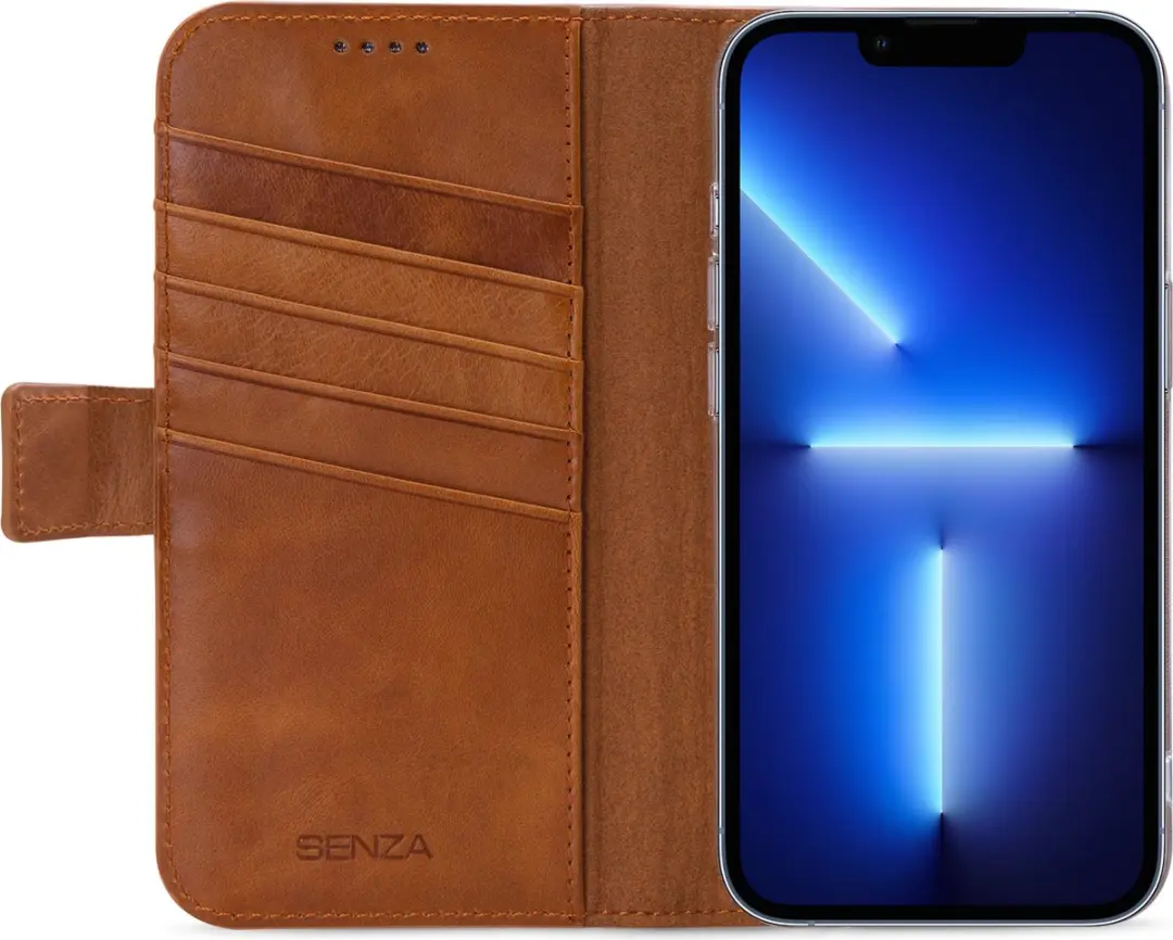 Senza Desire Serie Bookcase iPhone 13 Pro Hoesje - Cognac - 4 Pasjes