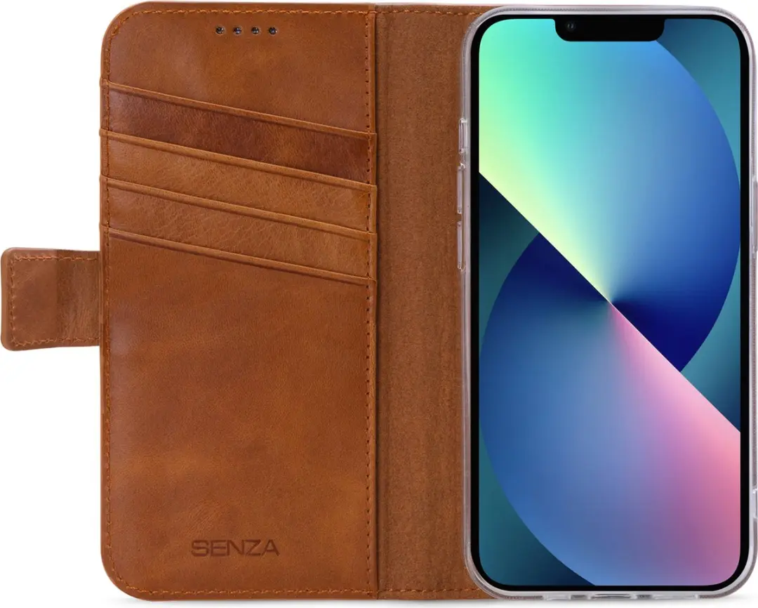 Senza Desire Serie iPhone 13 Mini Hoesje Bookcase - Cognac - 4 Pasjes
