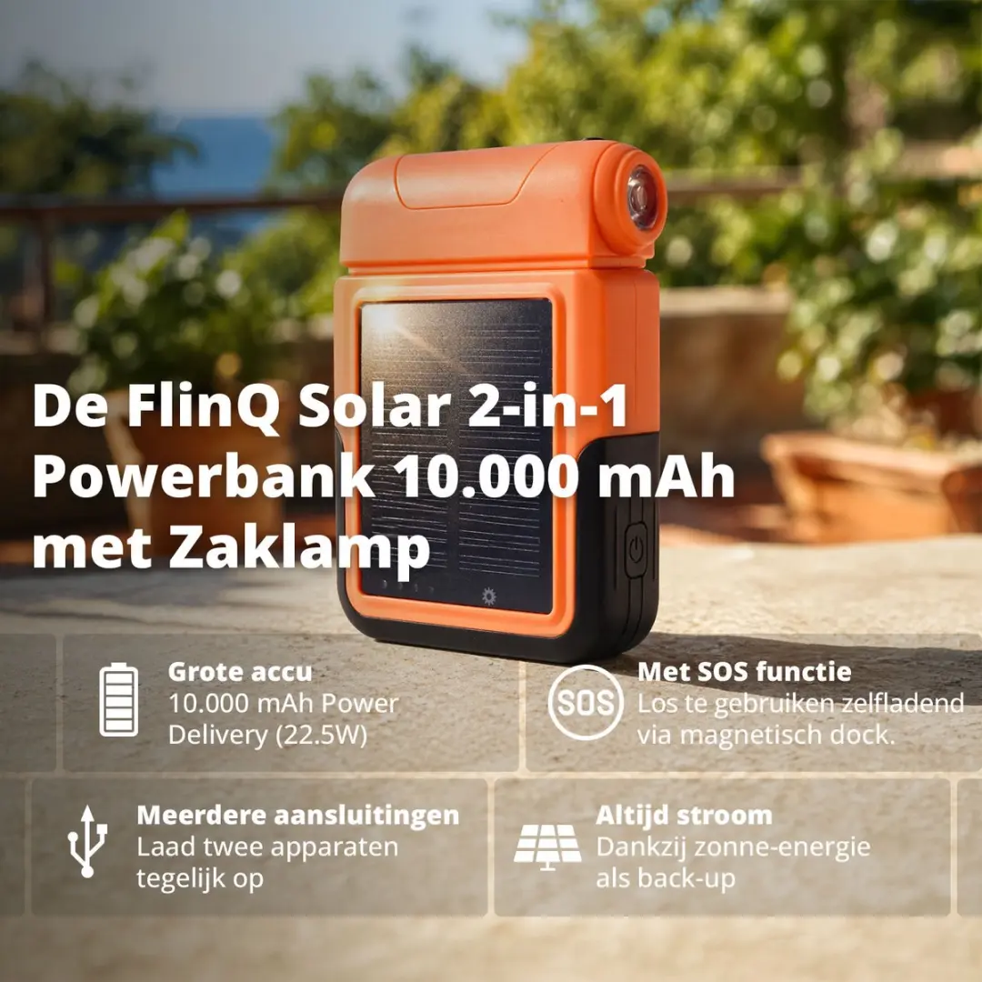 FlinQ Solar Powerbank 10.000mAh - Oranje/Zwart - afbeelding 6 van 6