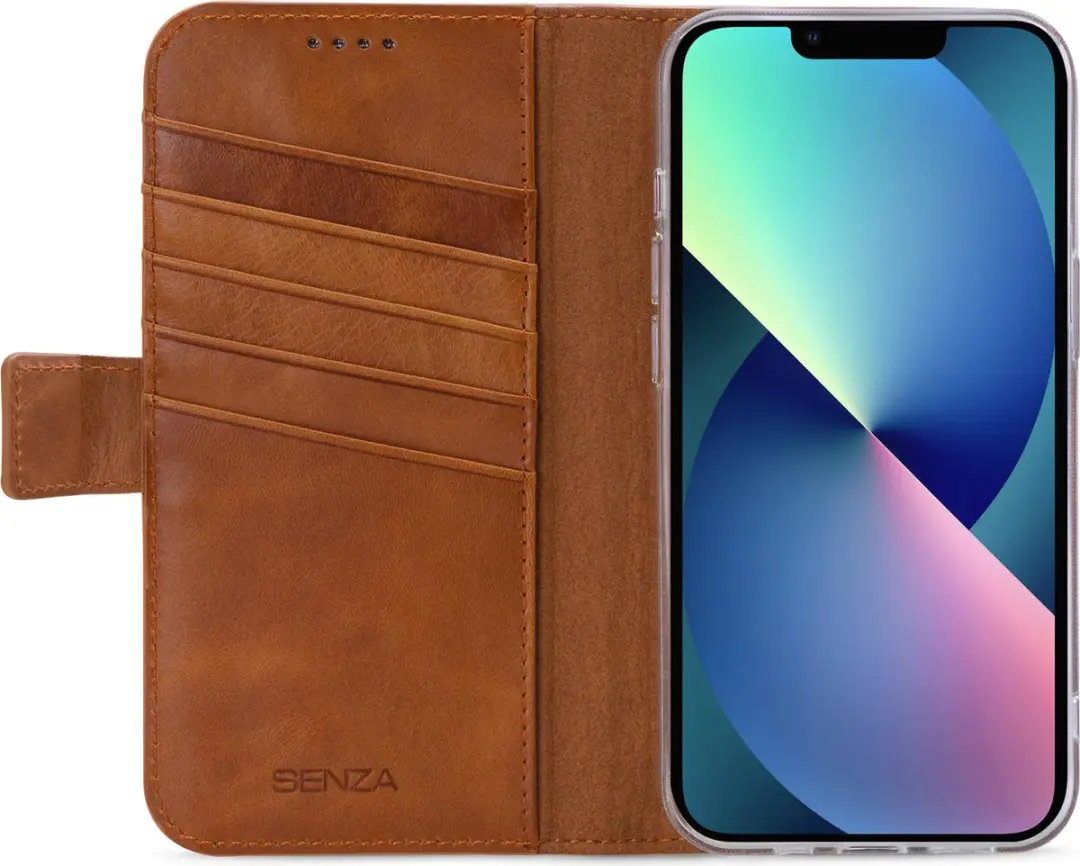 Senza Desire Serie Echt Leer Bookcase WALCS1099 - iPhone 13 - 4 Pasjes - Cognac