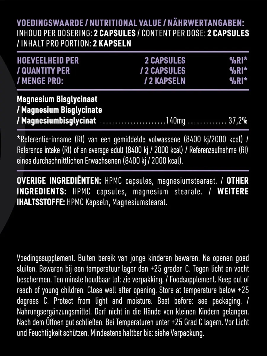 Pure Magnesium Bisglycinate 180 Vegan Capsules - Zwart