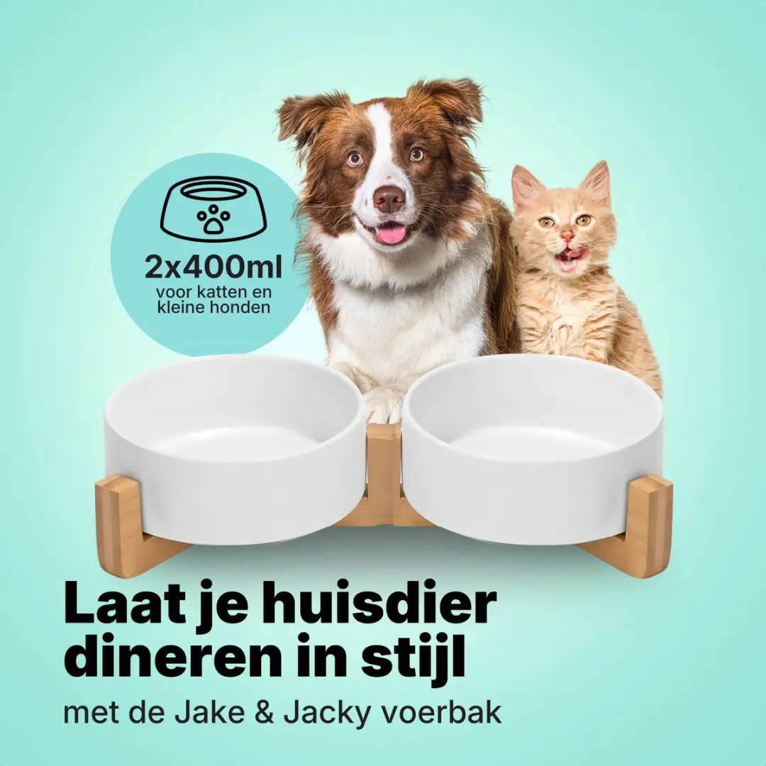 Jake and Jacky Keramiek Voerbakken 2x400ml - Dubbel - Wit