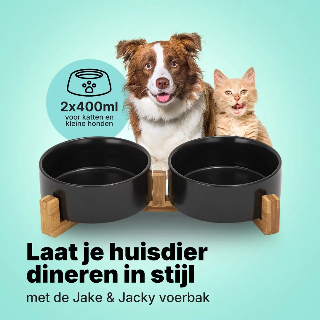 Jake and Jacky Keramiek Voerbakken 2x400ml - Zwart