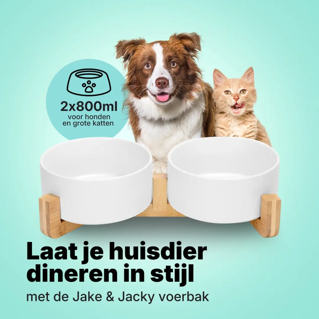 Jake and Jacky Keramiek Voerbakken 2x800ml - Dubbel - Wit