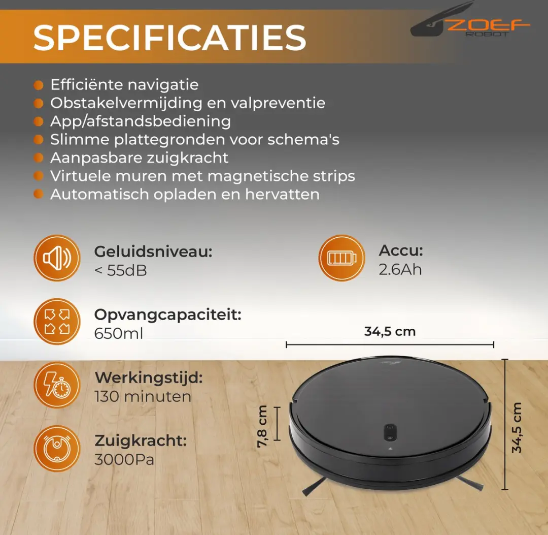 Zoef Robot Jannie 4.0 Robotstofzuiger - 2200 Airwatts - Antraciet