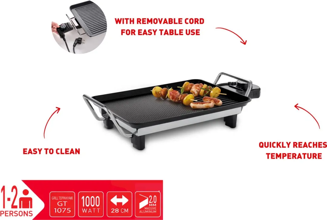 Fritel Grill Teppanyaki GT1075 - 1000W - 28x20cm - Zwart/Zilver
