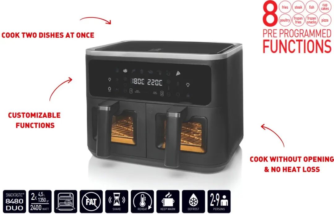 Fritel SnackTastic ST 8480 Airfryer - 2x4,5L 2400W - 8 Programma's - Zwart