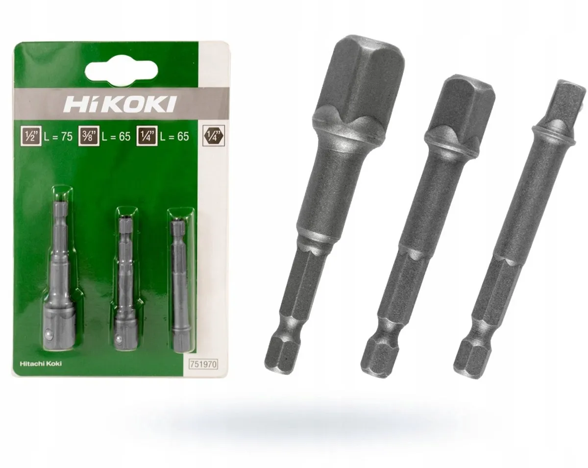 Hikoki Adapterset 1/4" Hex naar 1/4", 3/8", 1/2" Vierkant - 3 Stuks