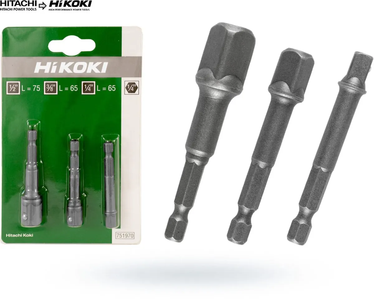 Hikoki Adapterset 1/4" Hex naar 1/4", 3/8", 1/2" Vierkant - 3 Stuks