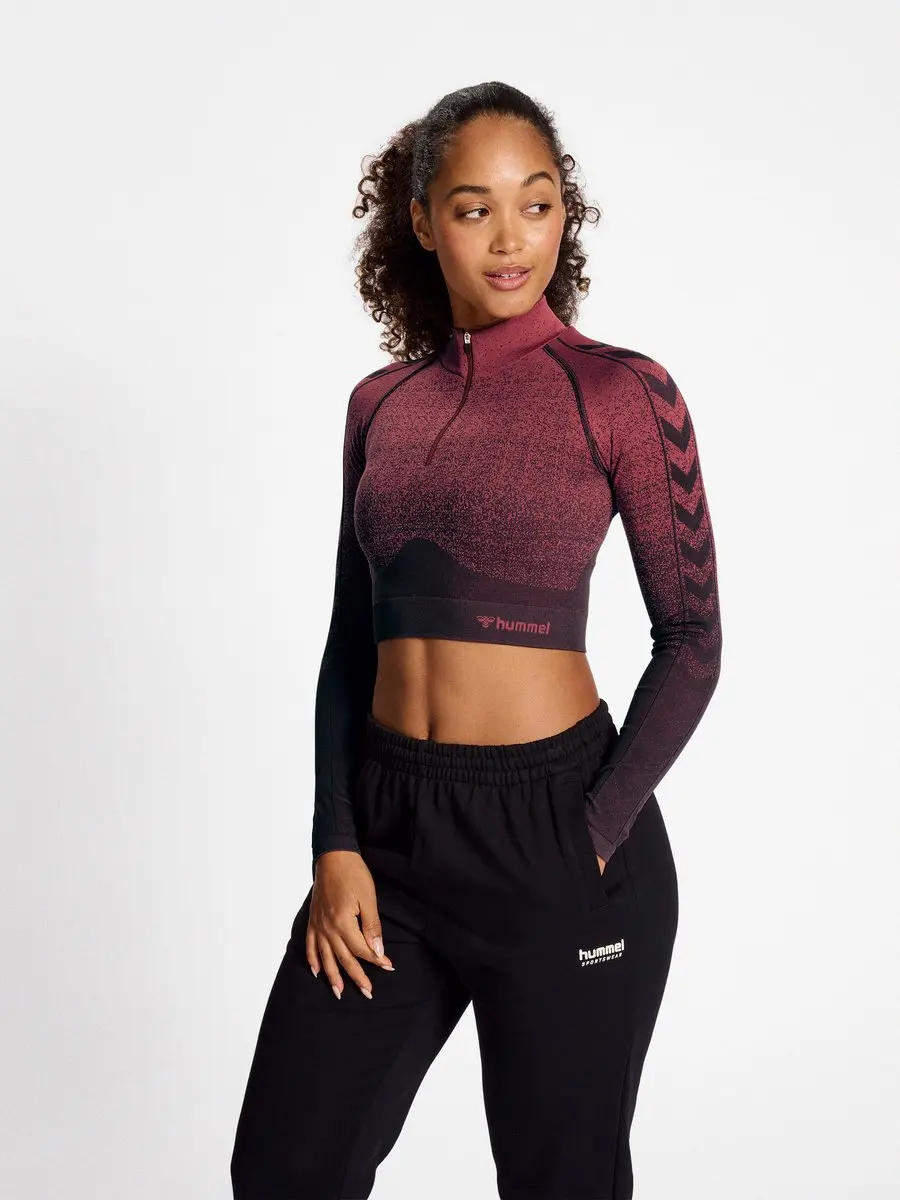 Hummel Fade Seamless Half Zip Dames Shirt - L - Bitter Chocolate/Mineral Red