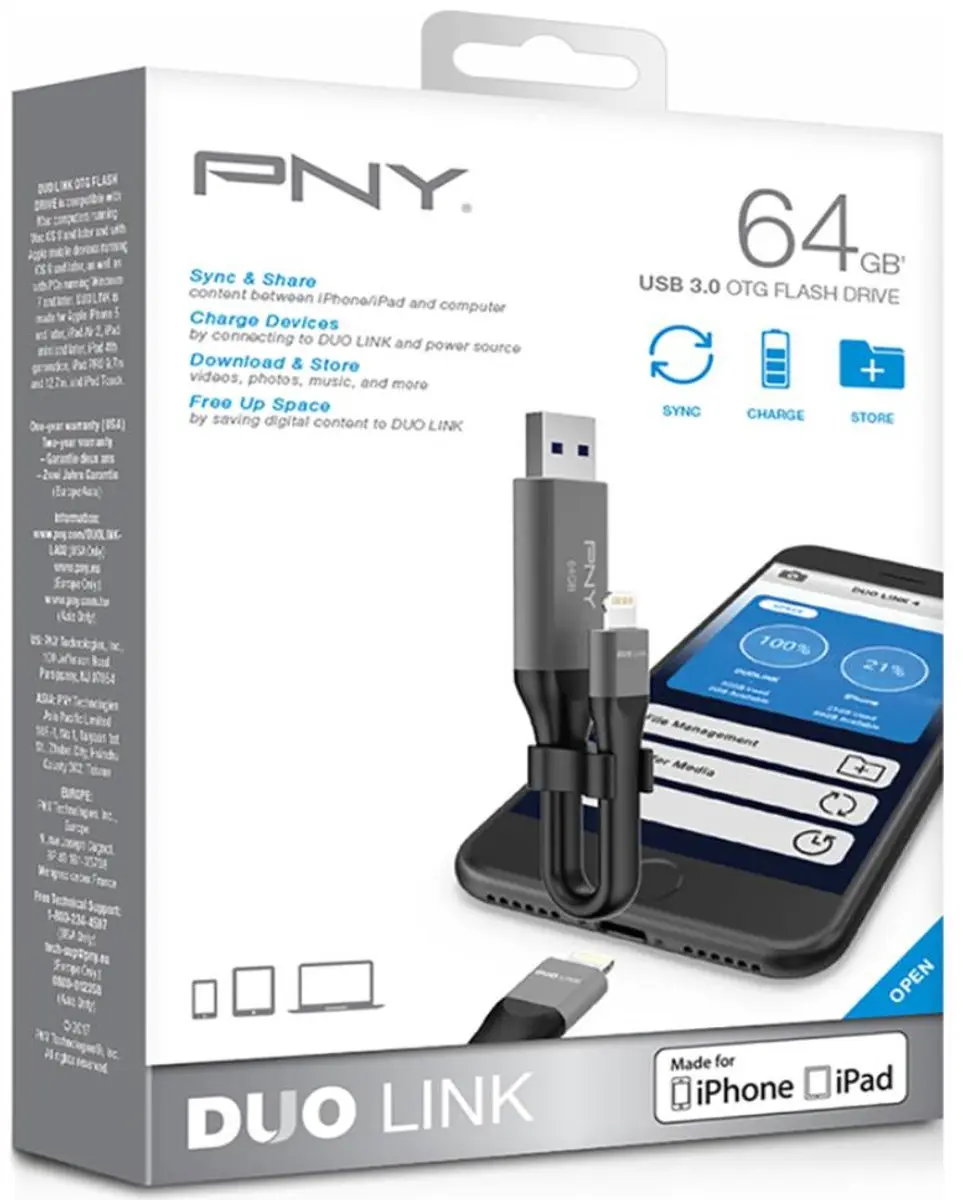 PNY USB OTG 2-in-1 Lightning Duo Link 64GB - Zwart