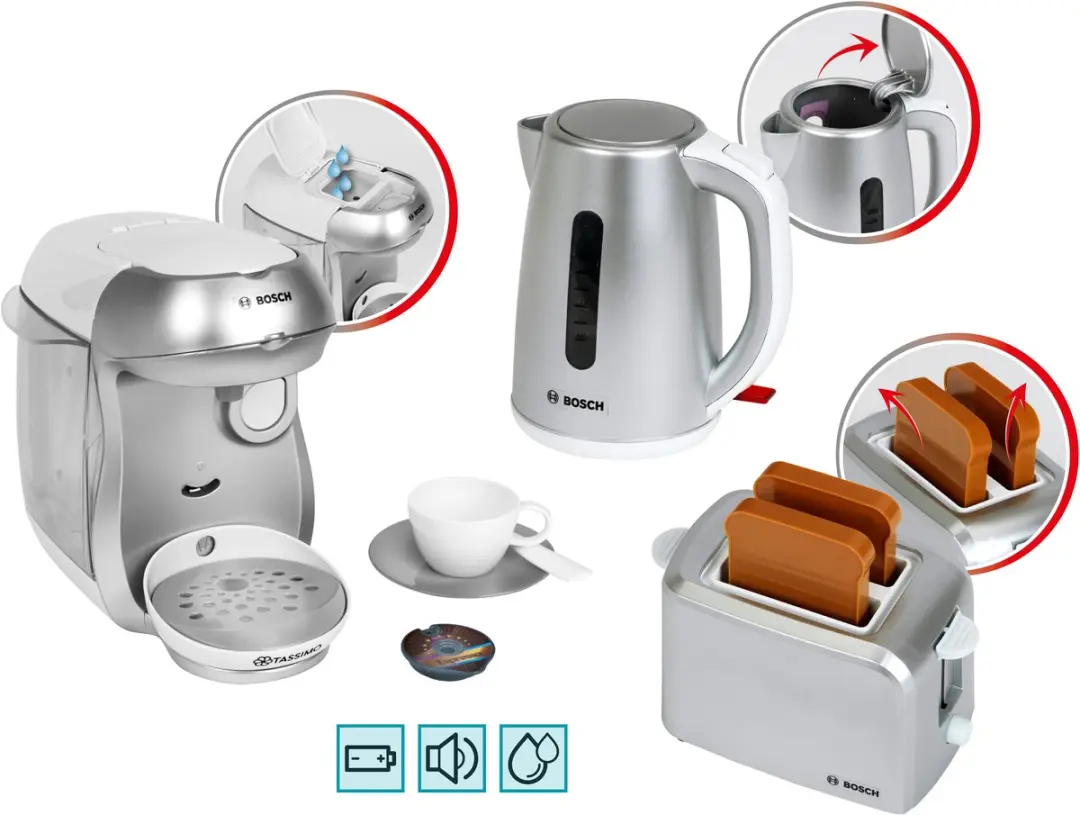 Klein Toys Bosch Ontbijtset - Speelgoedbroodrooster Waterkoker Koffiezetapparaat Zilver