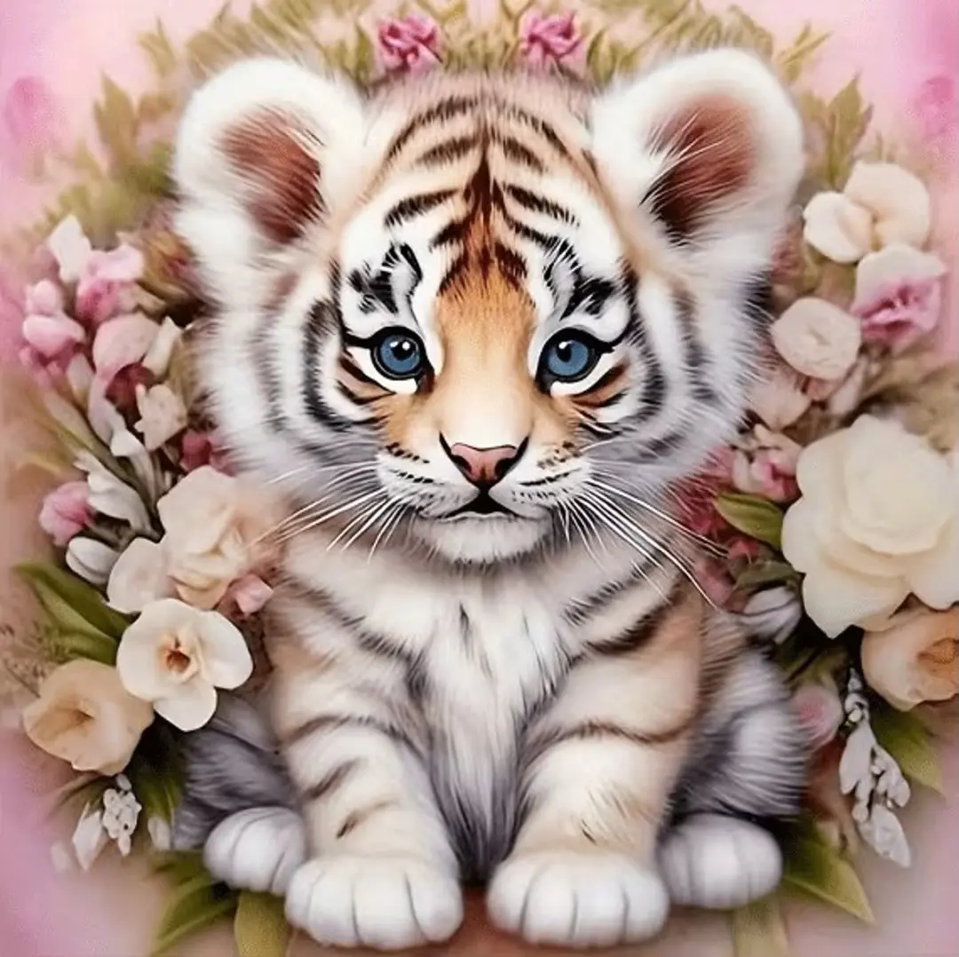 Creative Diamond Painting Tijger Welpje Bloemen 25x25cm