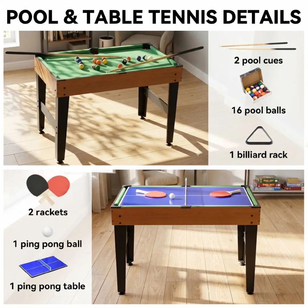 Homcom Multigame Spieltisch - 107x61x84,5cm - Natuurlijk hout/Zwart - afbeelding 6 van 6
