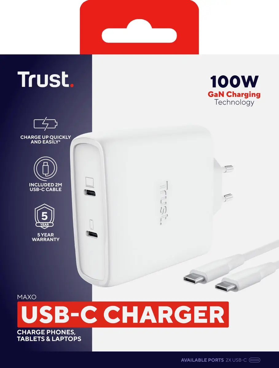 Trust Maxo 100W GaN Oplader 25528 - 2x USB-C - Wit - afbeelding 6 van 6