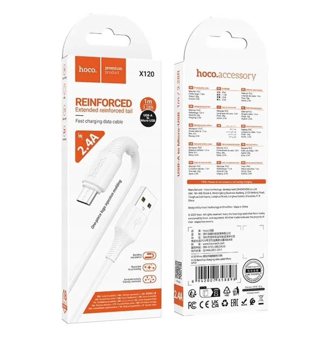 Hoco X120 USB-A naar Micro USB Kabel 2.4A 1m Wit - afbeelding 2 van 5