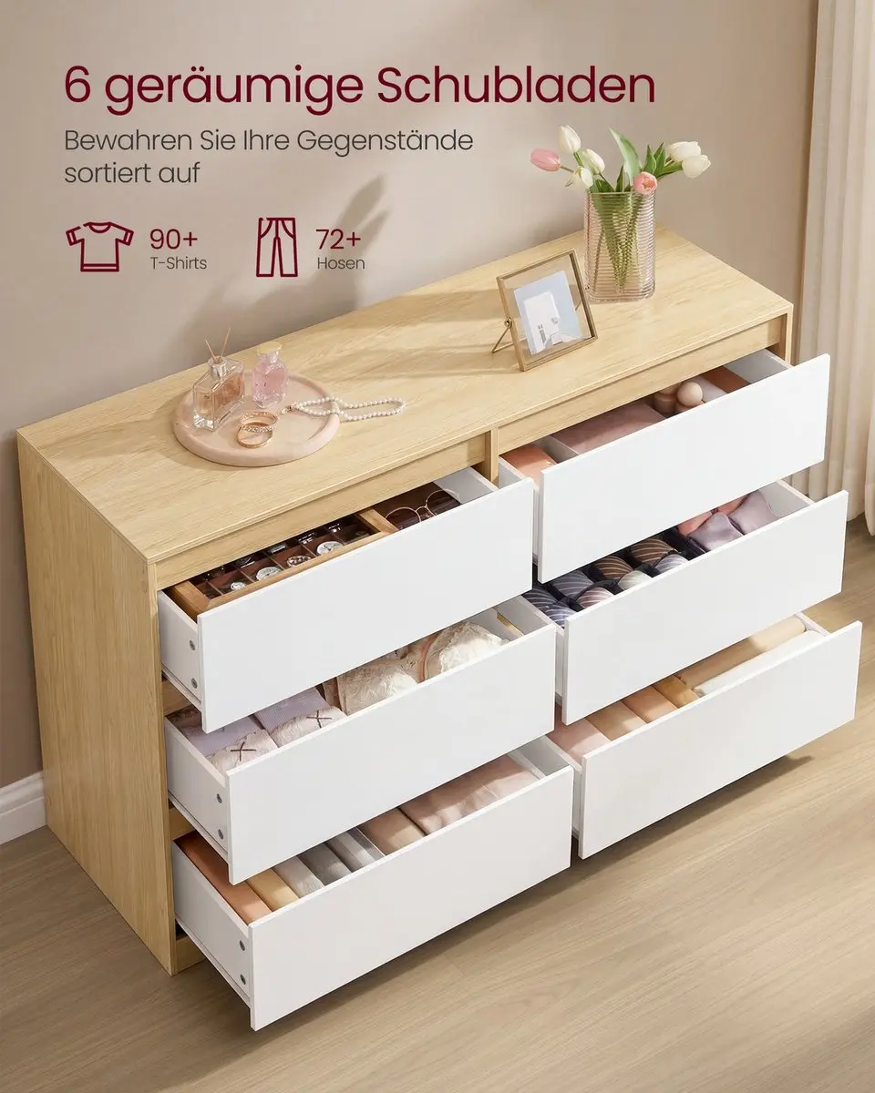 Songmics Commode - 6 Lades - 119 x 40 x 75cm - Amandelgeel/Wit