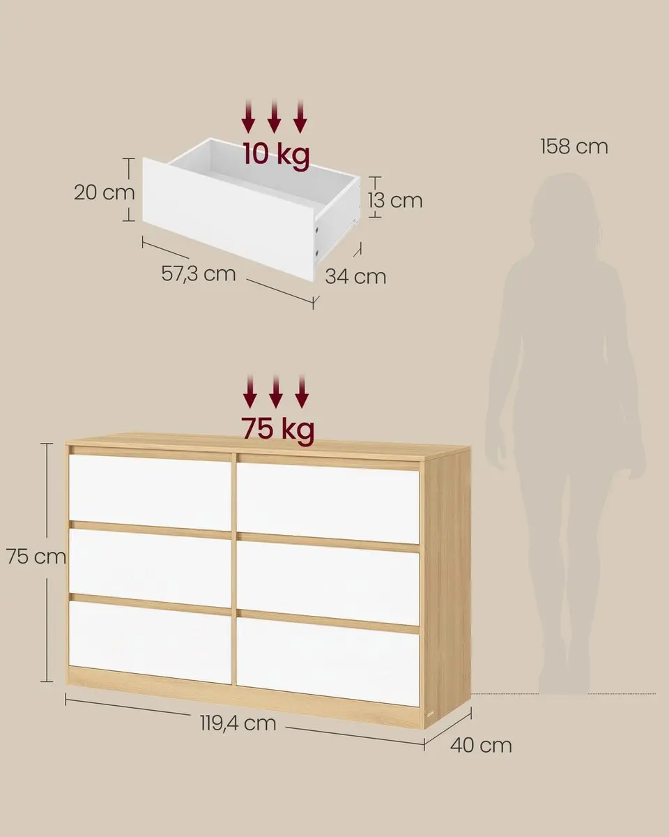 Songmics Commode - 6 Lades - 119 x 40 x 75cm - Amandelgeel/Wit
