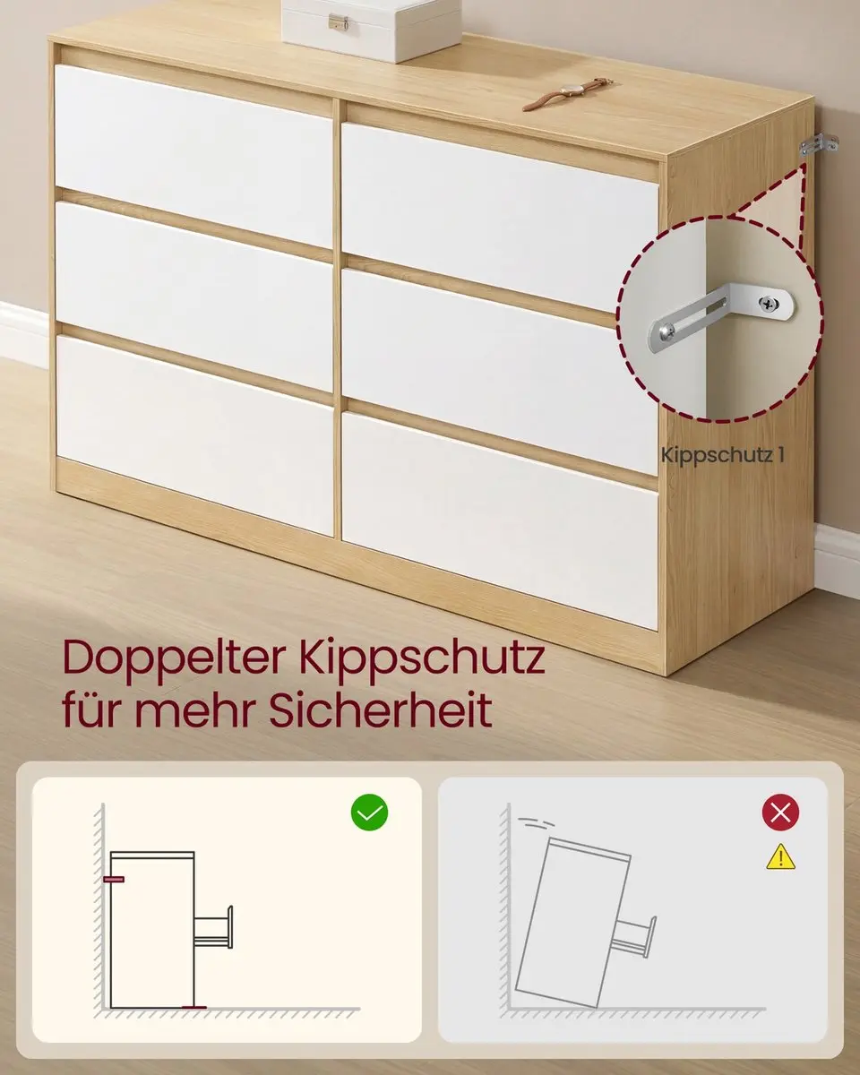 Songmics Commode - 6 Lades - 119 x 40 x 75cm - Amandelgeel/Wit