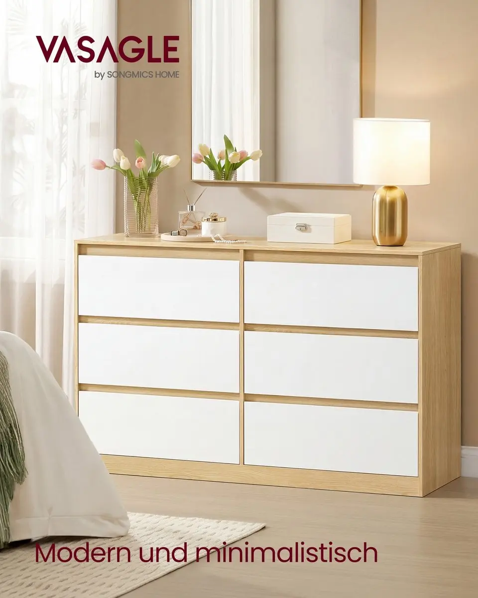 Songmics Commode - 6 Lades - 119 x 40 x 75cm - Amandelgeel/Wit