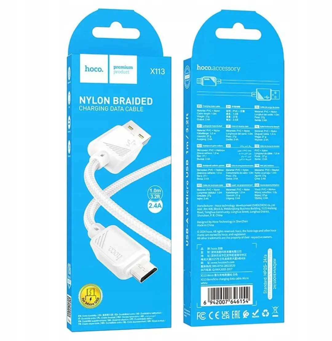 Hoco X113 USB-A naar Micro USB Kabel 2.4A 1m - Wit - afbeelding 4 van 5