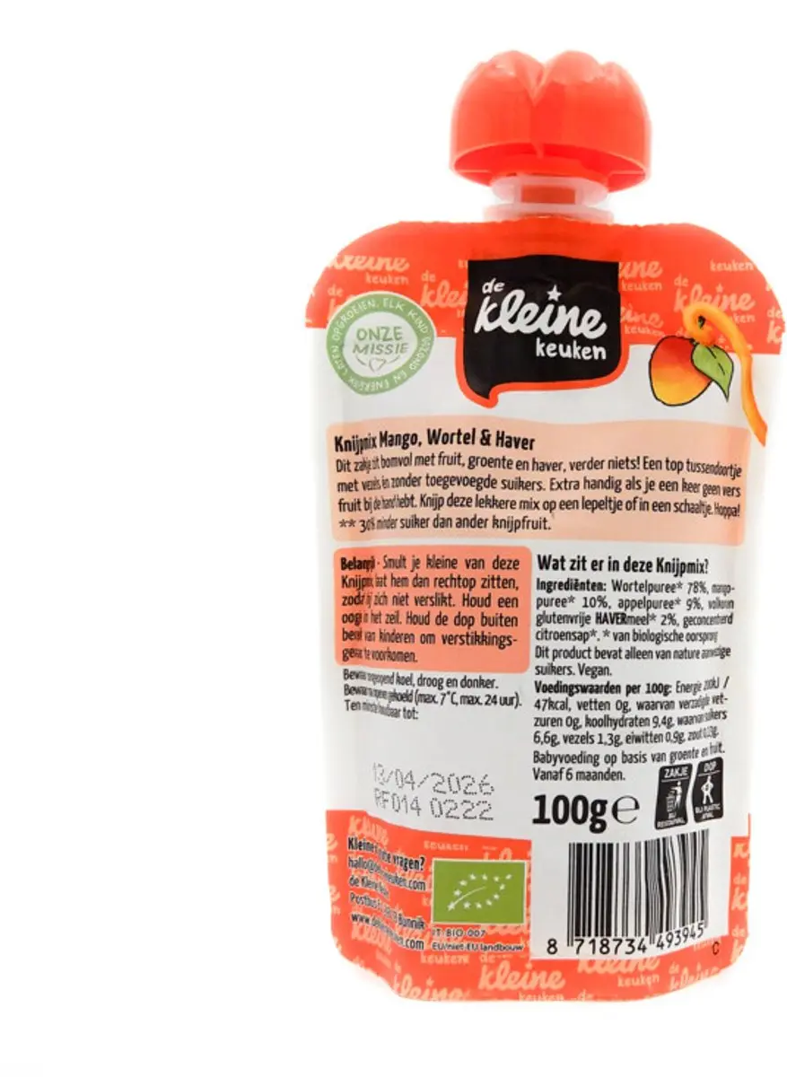 De Kleine Keuken Bio Knijpmix 6+ Mango Wortel Haver - 200g