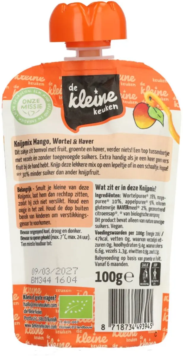 De Kleine Keuken Bio Knijpmix 6+ Mango Wortel Haver - 200g