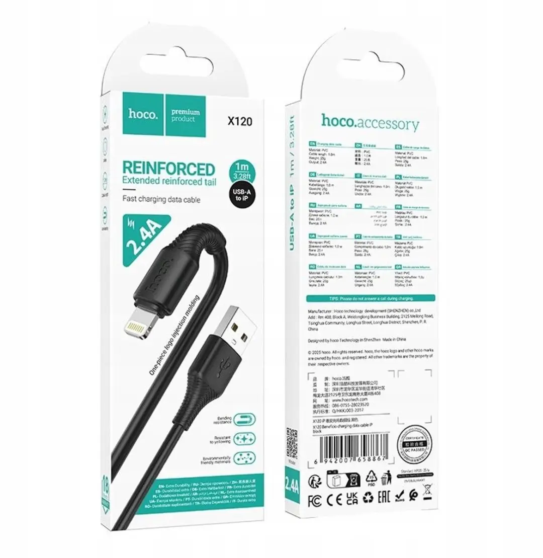 Hoco X120 USB-A naar Lightning Kabel 2.4A 1m - Zwart - afbeelding 2 van 5