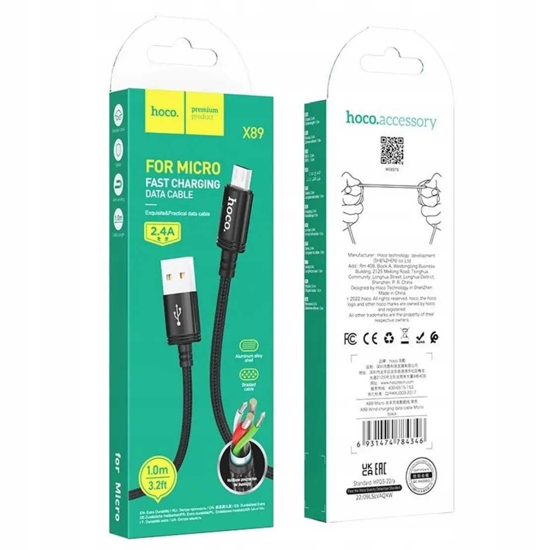 Hoco X89 USB-A naar Micro USB Kabel 2.4A 1m - Zwart