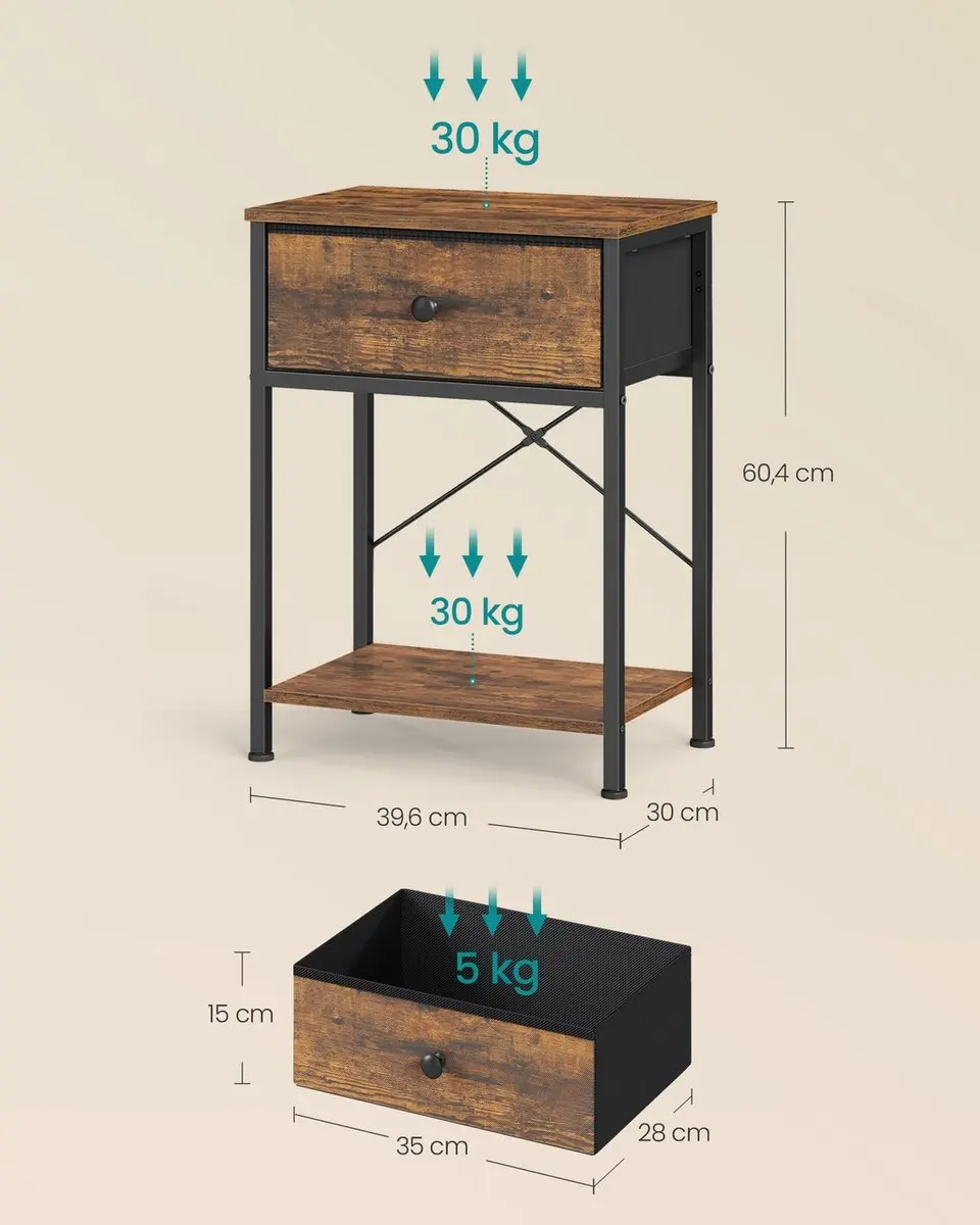 Songmics Nachtkastje Vintage Bruin - 6x30x60cm - 2 Lades