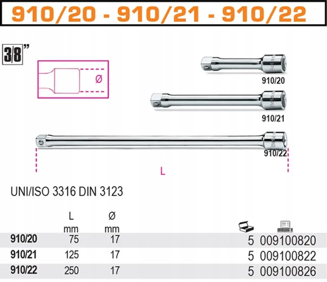 Beta Verlengstuk 125mm 3/8" - Professioneel Gereedschap