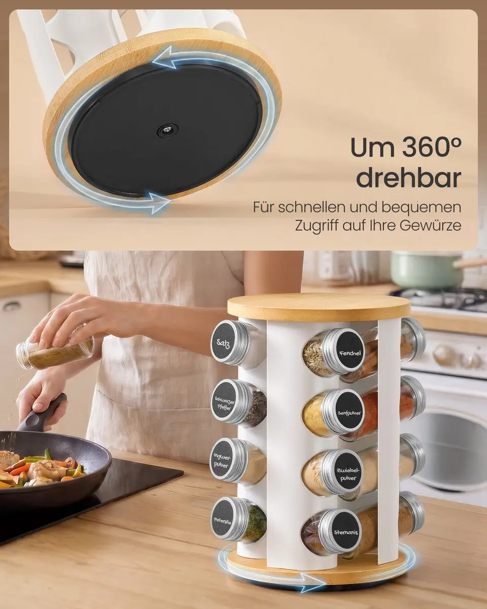 Songmics Draaiend Kruidenrek 16 Potjes - Mat Wit/Natuurlijk Beige - afbeelding 4 van 6