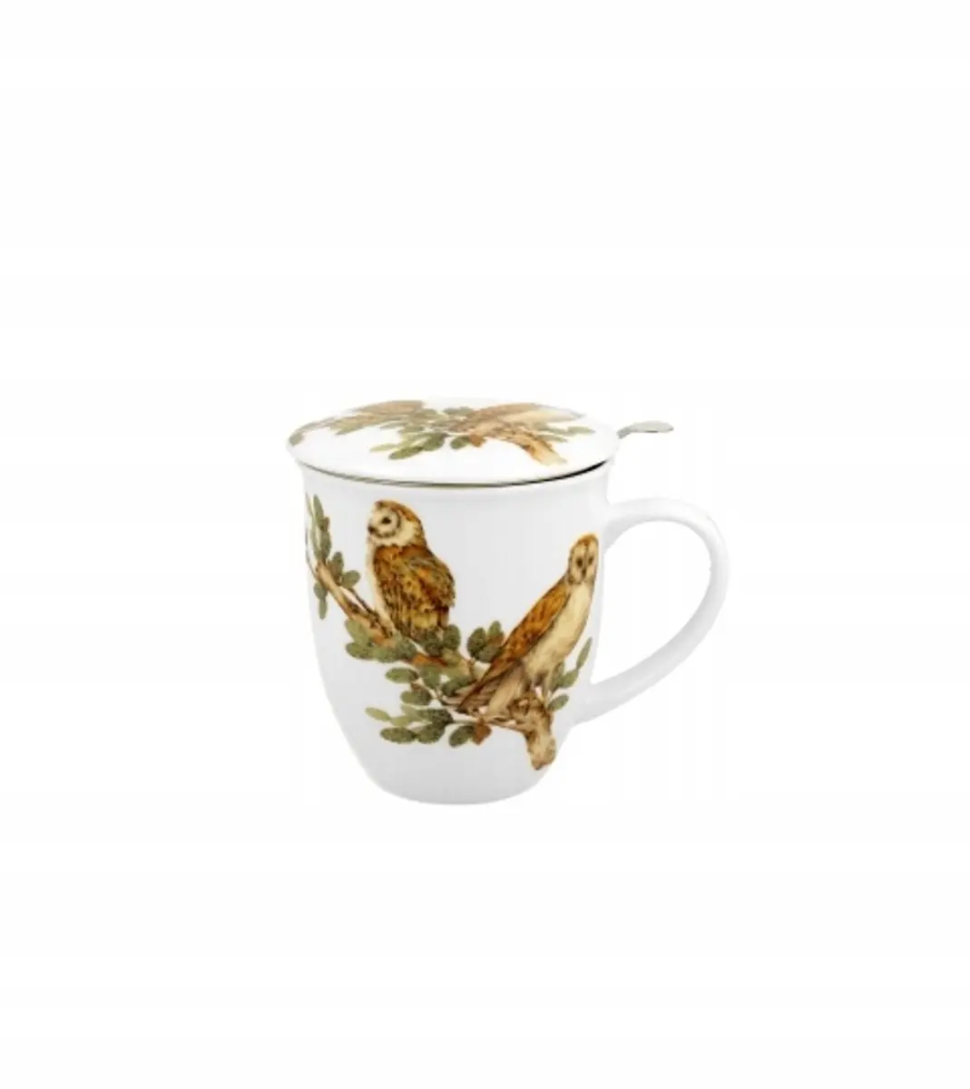 Duo Porseleinen Mok met Zeef en Deksel - 400ml - Uilen - Wit/Veelkleurig