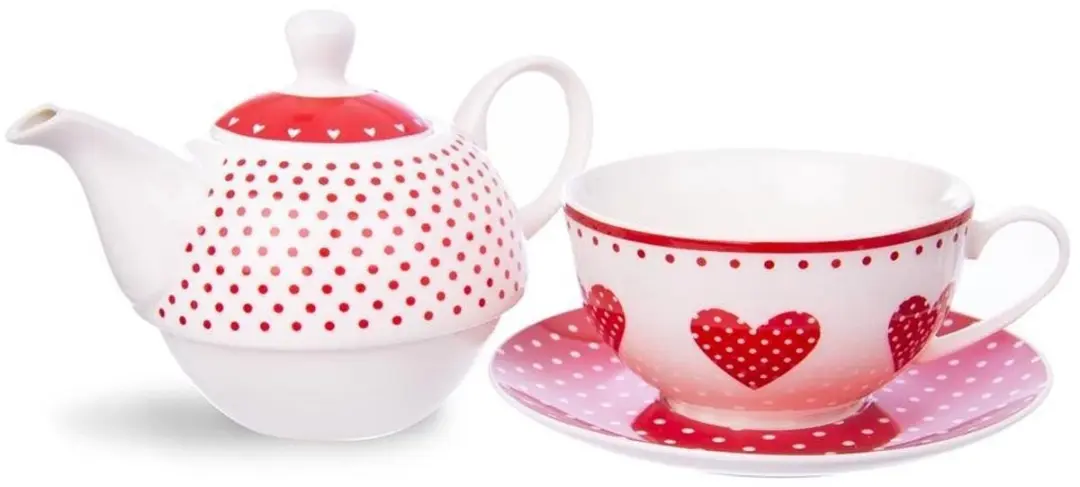 Orion Porseleinen Theepot 380ml - Witte Porselein met Rode Hartjes