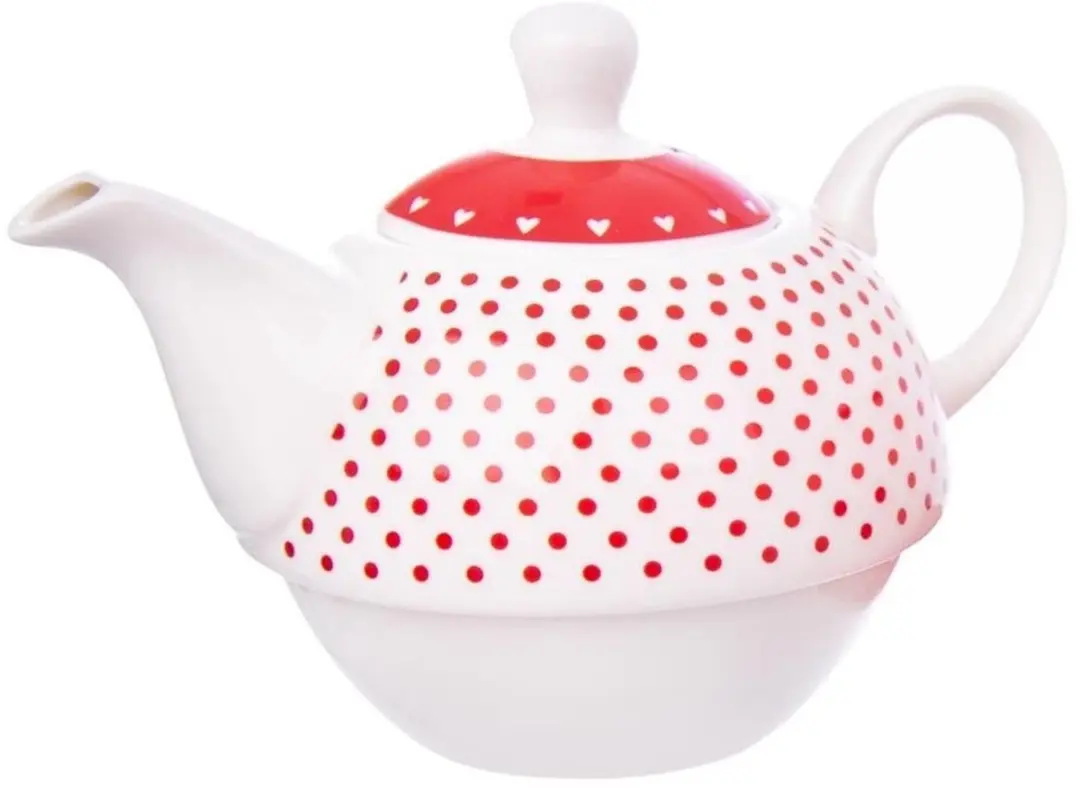 Orion Porseleinen Theepot 380ml - Witte Porselein met Rode Hartjes